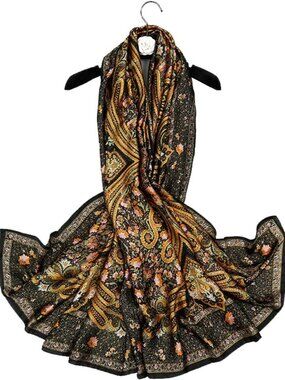 Women's Green Lightweight Silk Like Scarves Flower Print Head Cotton Wrap Scarf